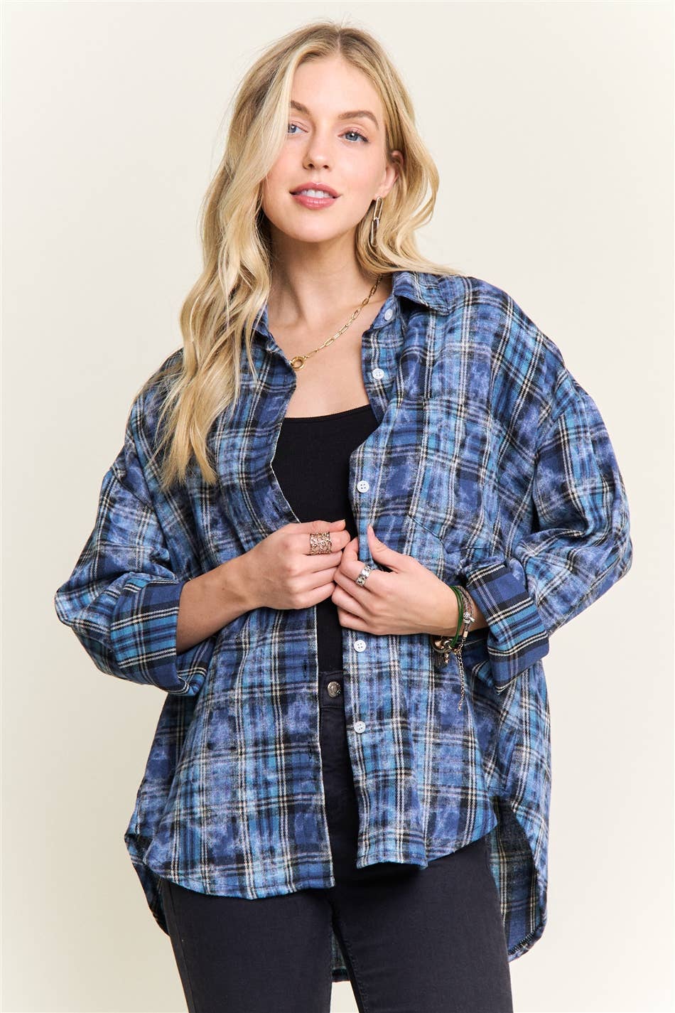 Light Blue Burnout Plaid Washed-Look Shirt