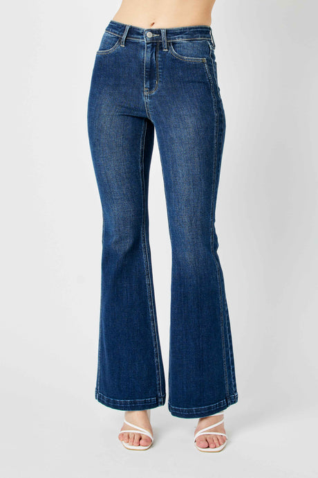 Dark High Waist Angled Side Seam Detail Flare Judy Blue Jeans