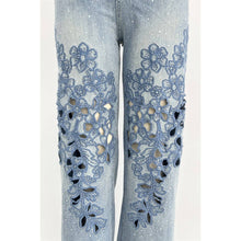 Blue Floral Lace Cutout Embellished Denim Pants