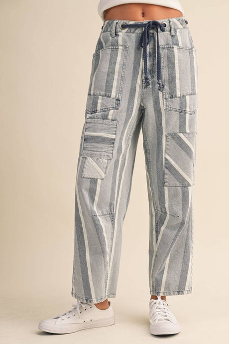 Light Denim Stripe Tapered Barrel Patch Pocket Pants