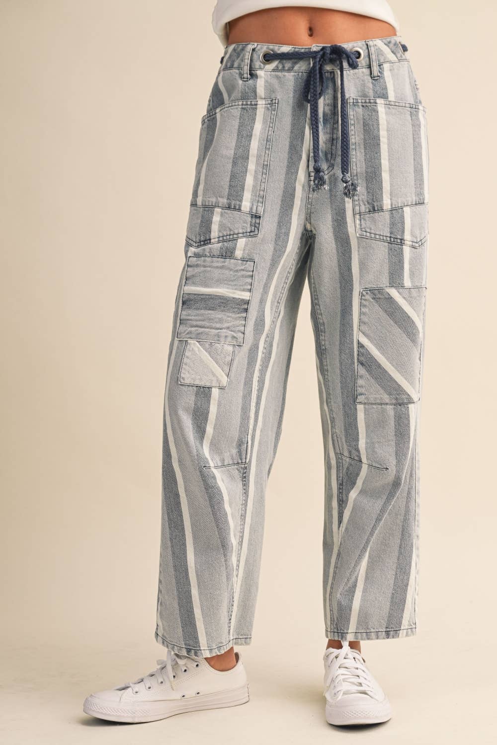 Light Denim Stripe Tapered Barrel Patch Pocket Pants