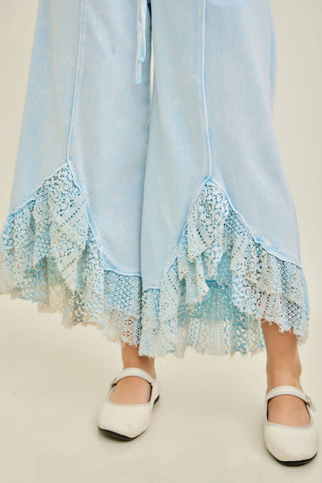 Baby Blue Mineral Washed Lace Ruffles Cropped J.Her Pants