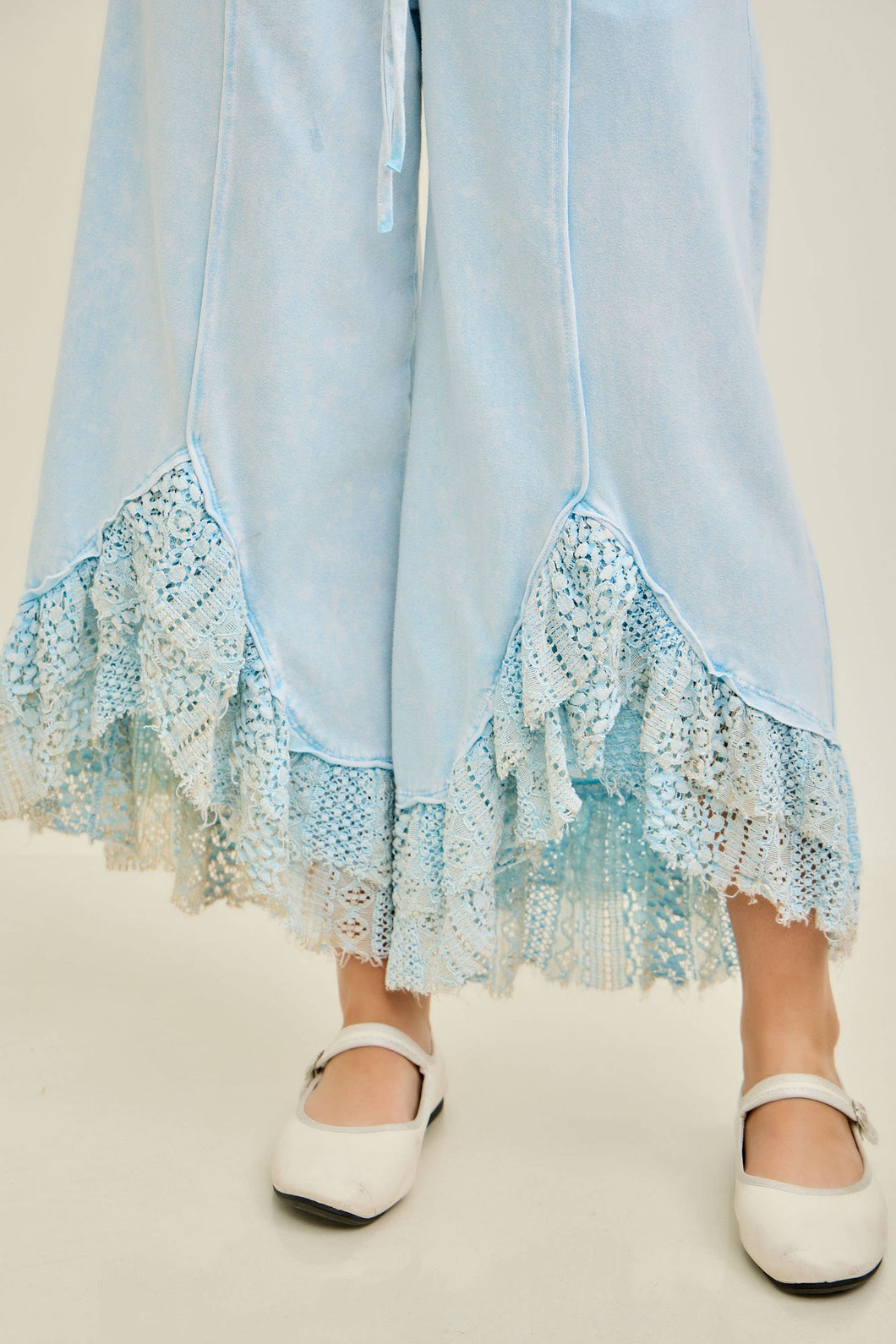 Baby Blue Mineral Washed Lace Ruffles Cropped J.Her Pants