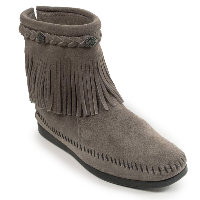 Suede Fringe High Top Back Zip Ankle Minnetonka Bootie: Med Grey