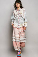 Cream Red Multi Floral Embroidery Trim Ruffle Button-Down Classic POL Shirt