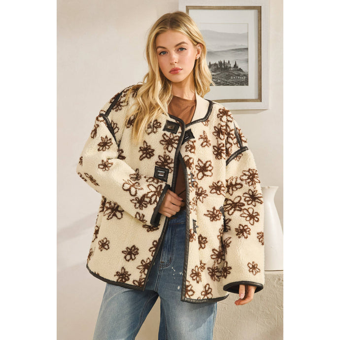 Ecru Oversized Floral Front Button Metal Clasps Oli+Hali Jacket