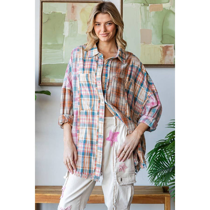 Pink Multi Washed Plaid Mixed Button Down Oli+Hali Shirt