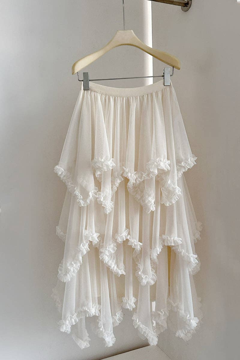 Beige Layered Ruffle Midi Skirt