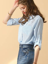 Blue White Striped Button Down Long Sleeve Collared Shirts