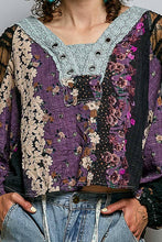 Black Long Sleeve V neck Lace Contrast Printed Woven POL Top