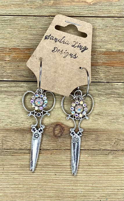 Medium Earrings Metal Scissors with Crystal Drop