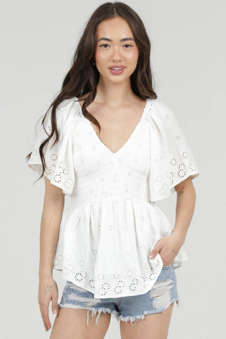 White Eyelet Embroidered V Neck Smocked Bust Blouse