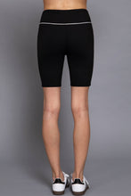 Black Off White Waist Band Workout Biker Shorts with Contrast Piping