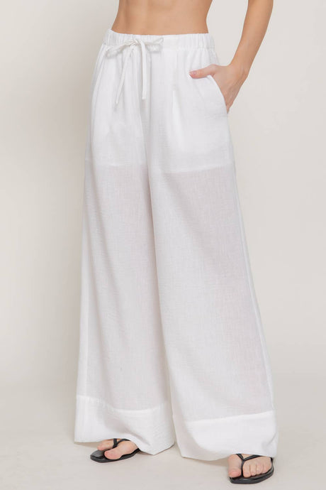 Off White Waist Band With String Linen Effect Palazzo Pants