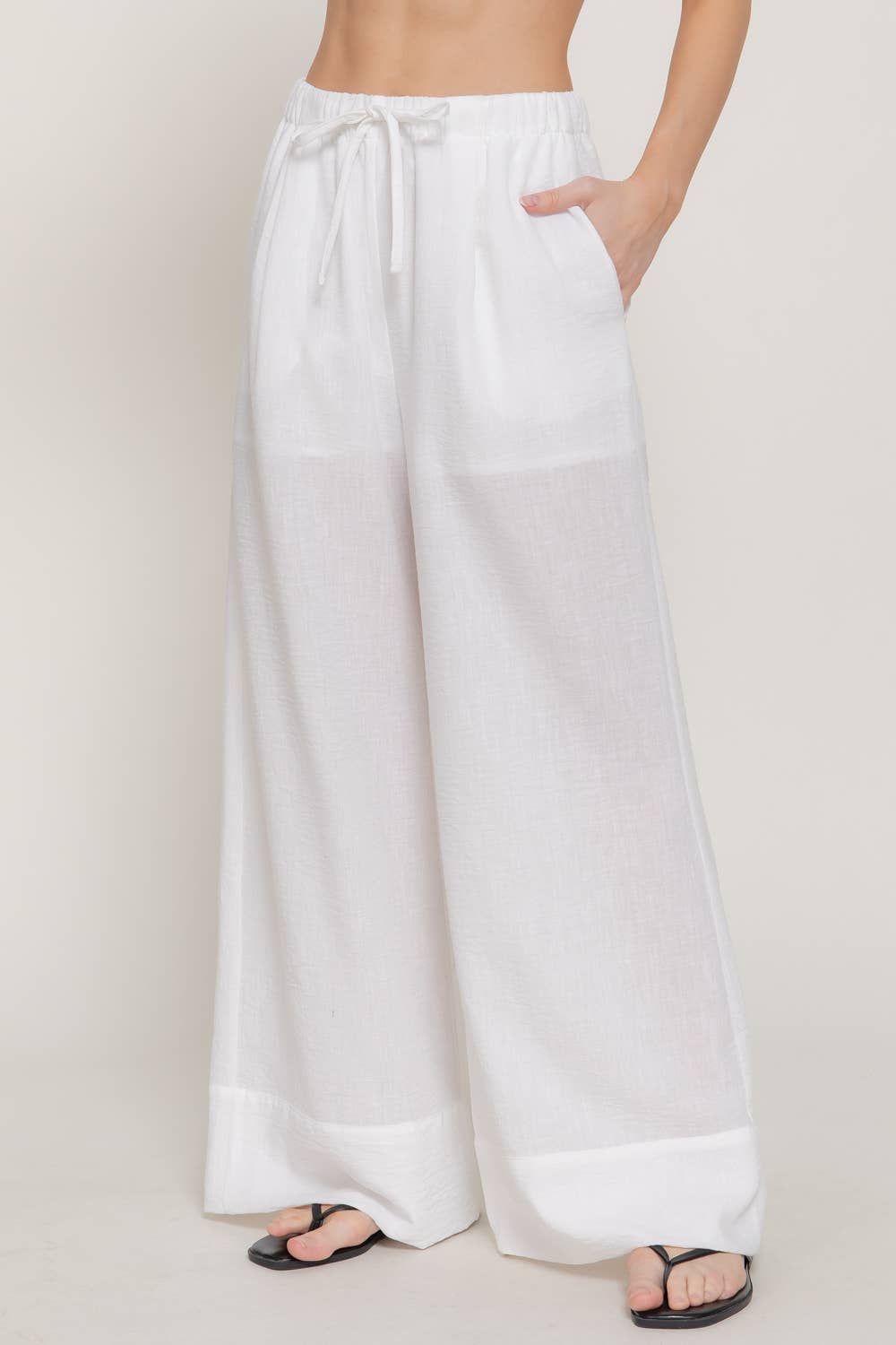 Off White Waist Band With String Linen Effect Palazzo Pants