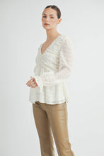 Ivory Sheer Textured V-Neck Blouse with Back Ribbon