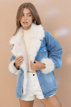 Fur Collared Cuff Over sized Washed Denim Jacket