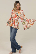 Ivory V Neck Wide Bell Sleeve Floral Top