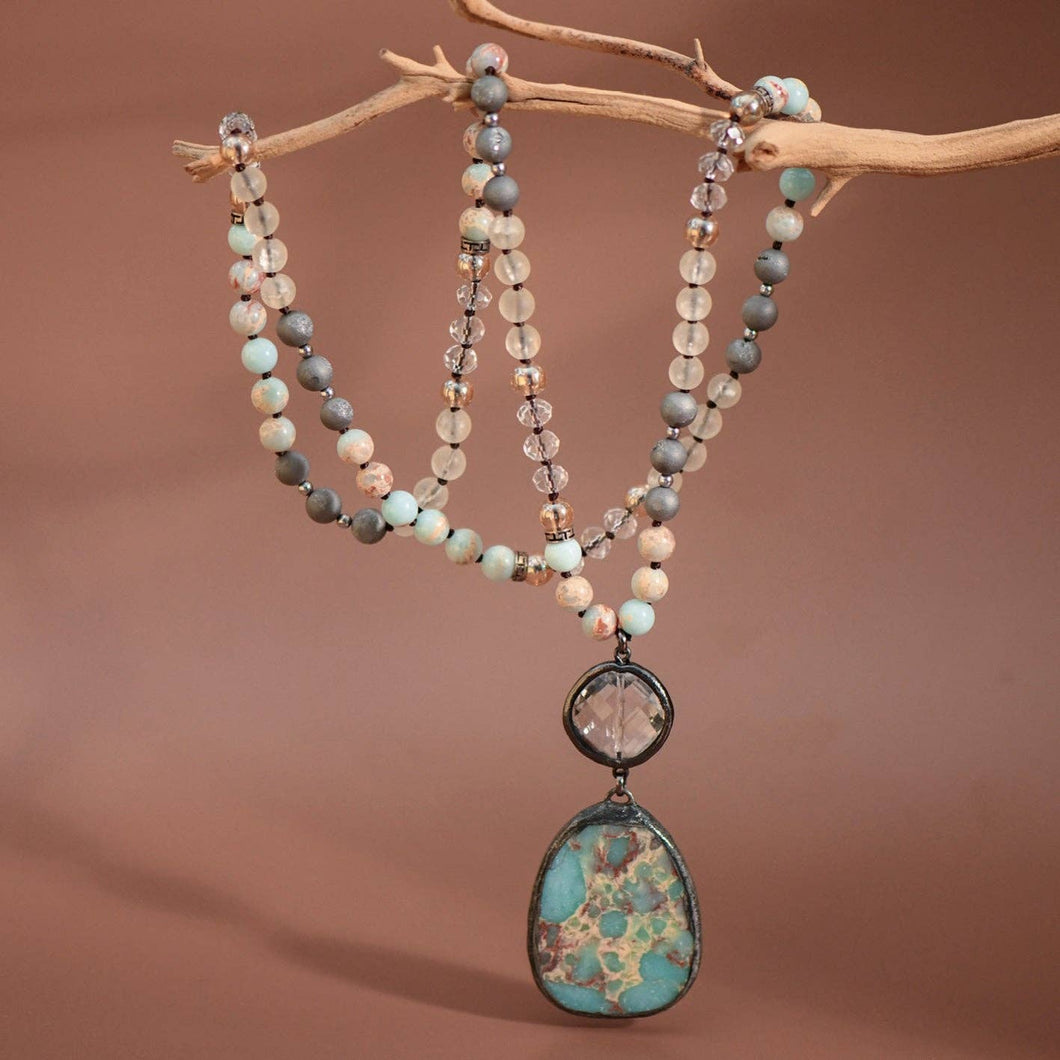 Natural Stone Bead Necklace with Stone Pendant