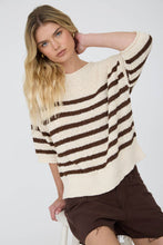 STRIPE TEXTURED KNIT HALF SLEEVE KNIT SWEATER (PRE-ORDER): NAVY