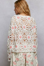 Off White Pink Floral Weave Round Neck Long Sleeve Crochet POL Top