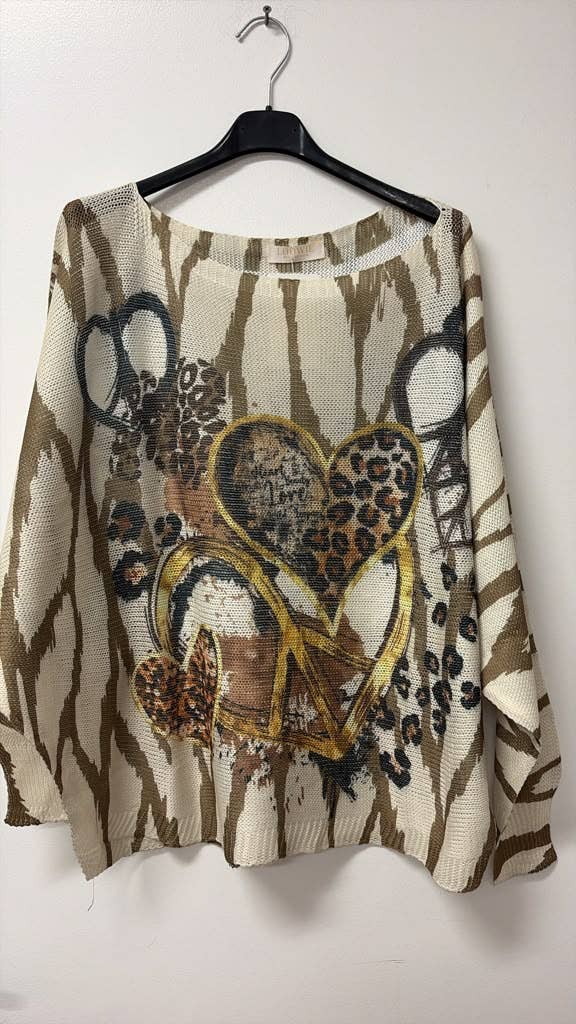 Heart Peace Zebra Print Knit Sweater