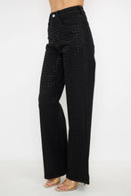 Black Rhinestone High Waisted Stretch Wide Leg Denim Pants