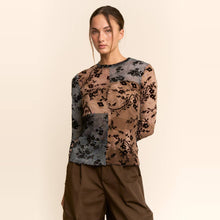 Mocha Blue Floral Flocked Patchwork Mesh DD Top
