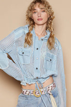 Baby Blue Multi Open knit button down pocket front hooded shirt POL top
