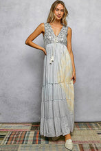 Light Grey Multi Deep V-Neck Cotton POL Dress with Tassel Loop Mirror Patch Tie-Dye