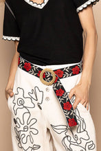 Black Red flower print circular POL buckle belt
