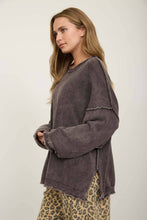 Dark Brown Washed Raw Edge Crew Neck Drop Sleeve Sweater
