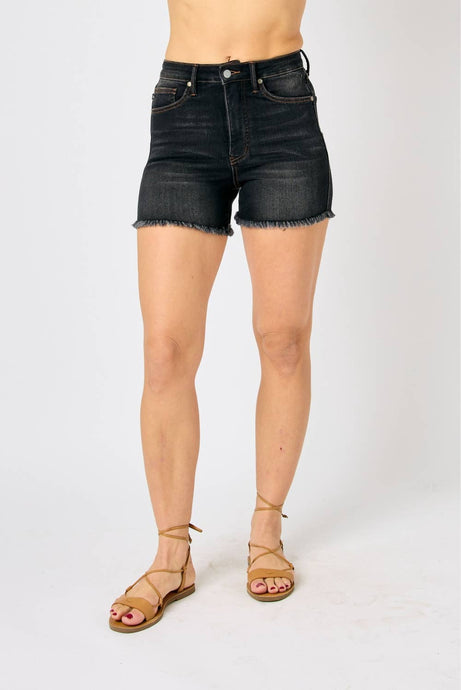 Black High Waist Tummy Control Fray Hem Judy Blue Shorts