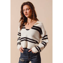 FUZZY HAIRY STRIPE DEEP U NECK SWEATER TOP: IVORY/BLACK / L