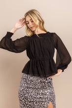 Black Smocked Neck Sheer Sleeve Blouse Top