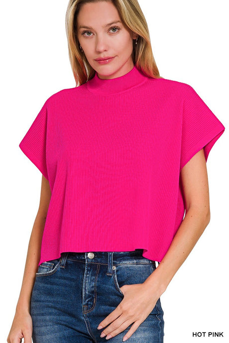 Neon Hot Pink Mock Neck Short Sleeve Boxy Sweater 10/27/26 1553