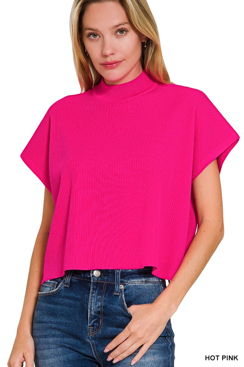 Neon Hot Pink Mock Neck Short Sleeve Boxy Sweater 10/27/26 1553