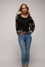 Black Long Sleeves Ruffle Hem Top with Printed Chiffon Sleeves