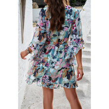 Green Floral V Neck Waist Tie Ruffle Hem Wrap Dress