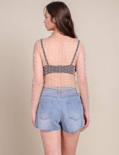 Nude Pearl Rhinestone Studded See Through Mesh Crop Top