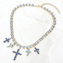 Blue Gold Opal Crystal Cross Charm Station Layered Statement Necklace