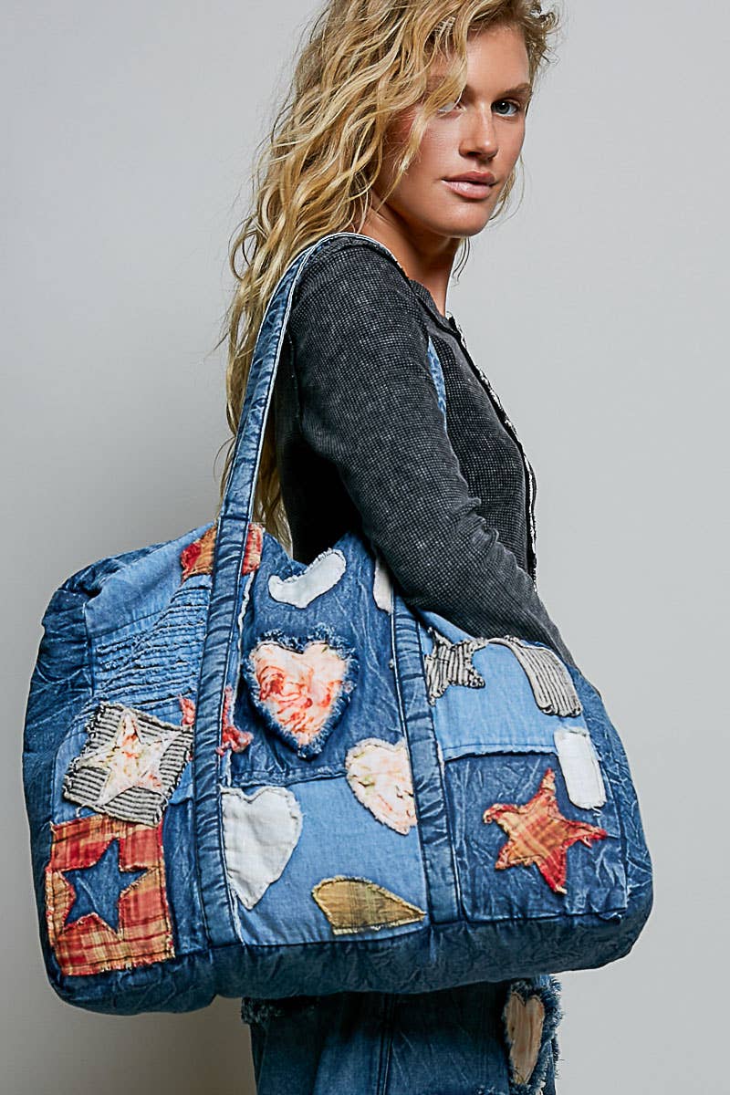 Unique Mix Patchwork Vintage Denim Casual Tote Bag: DEEP DENIM / OS