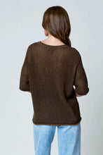 Chocolate Brown Split Neck Short Sleeve Sheer Crochet Knit Top
