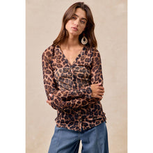 Leopard Button Up V Neck Mesh Top