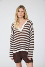 STRIPE RAW EDGE SPLIT NECK SHEER KNIT SWEATER : NAVY