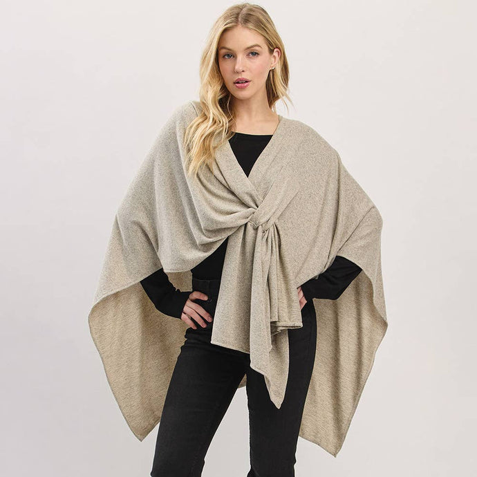 Beige Asymmetrical Hem Solid Pull Through Draped Tie-Front Wrap Poncho