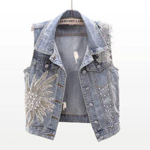 Blue Lace Beaded Denim Vest with POLO Collar