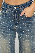 Med Denim Rhinestone High Waisted Stretch Wide Leg Denim Pants