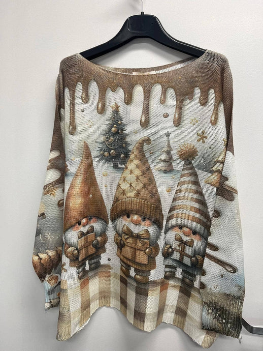 Choco Elf Christmas Round Knit Printed Sweater