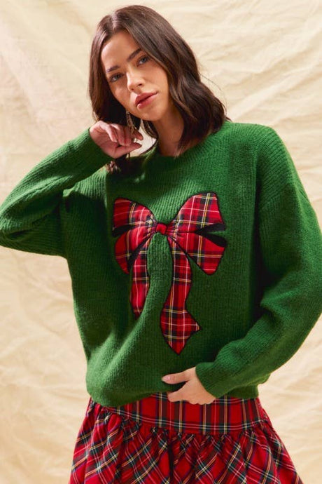 Green Checker Plaid Ribbon Christmas Holiday Sweater Top